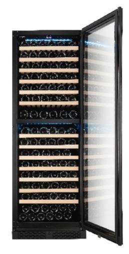 EuropAce 154 Bottles Dual Zone Wine Chiller | 3 Layered Anti-UV Glass, Beechwood Shelves (EWC8154DBK) 