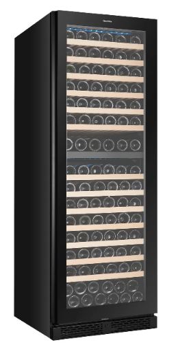 EuropAce 154 Bottles Dual Zone Wine Chiller | 3 Layered Anti-UV Glass, Beechwood Shelves (EWC8154DBK) 