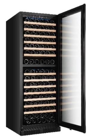 EuropAce 154 Bottles Dual Zone Wine Chiller | 3 Layered Anti-UV Glass, Beechwood Shelves (EWC8154DBK) 