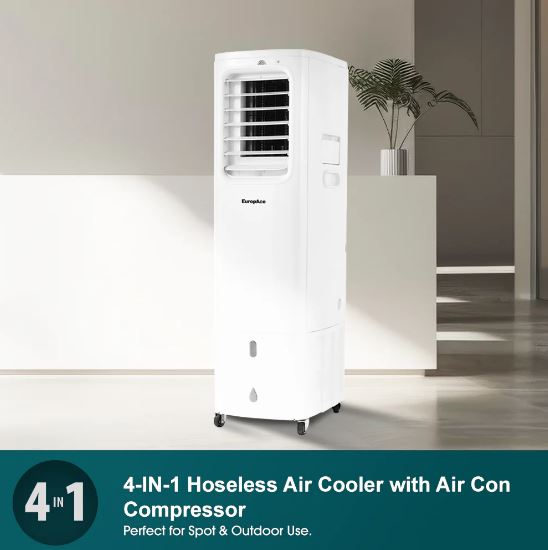 EuropAce 4-IN-1 Hoseless Spot Cooler with Air Con Compressor | Hybrid Cooling Technology, 60% Energy Savings, 3 to 7x More Power (13K BTU of Cooling Power) (EHAC13DH1WH)