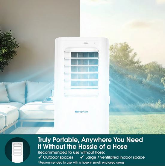 EuropAce 4-IN-1 Hoseless Spot Cooler with Air Con Compressor | Hybrid Cooling Technology, 60% Energy Savings, 3 to 7x More Power (13K BTU of Cooling Power) (EHAC13DH1WH)