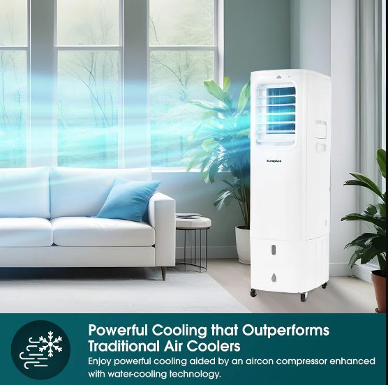 EuropAce 4-IN-1 Hoseless Spot Cooler with Air Con Compressor | Hybrid Cooling Technology, 60% Energy Savings, 3 to 7x More Power (13K BTU of Cooling Power) (EHAC13DH1WH)