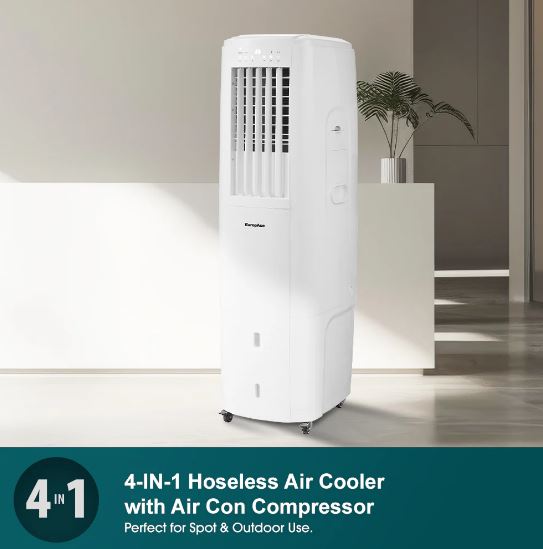 EuropAce 4-IN-1 Hoseless Spot Cooler with Air Con Compressor | Hybrid Cooling Technology, 60% Energy Savings, 3 to 7x More Power (18K BTU of Cooling Power)(EHAC18DH2WH)