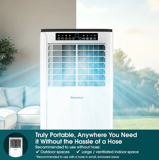 EuropAce 4-in-1 Hoseless Spot Cooler w Air Con Compressor – Hybrid Cooling Technology, 53% Energy Savings, 3 to 7x More Power (25K BTU of Cooling Power) (EHAC25DH3WH) 