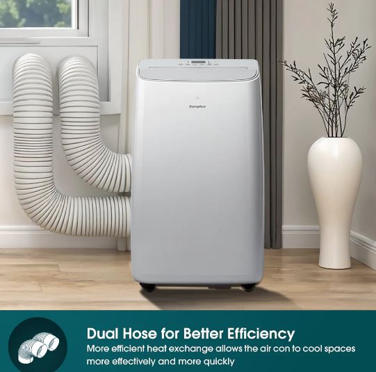 EuropAce [2025 Model] 15,000 BTU Dual Hose Portable Air Conditioner | 320sqft, Compact Series (EPAC15T3E)