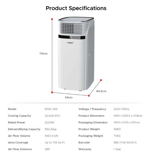EuropAce [2025 Upgraded Model] 30,000 BTU Dual Hose Portable Air Con | The Most Powerful Portable AC in Singapore, 755sqft Large Area Coverage, Commercial Grade Cooling Power (EPAC30Z)