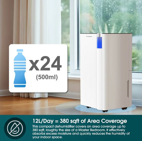 EuropAce 12L DC Dehumidifier + Laundry Dryer | Lower Noise Level, Greater Energy Efficiency (EDH3120DDC)