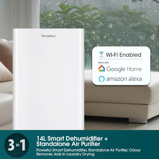 EuropAce 14L Smart Dehumidifier + Standalone HEPA Air Purifier + Laundry Dryer (3-in-1) | 3Y Full Warranty (EDH3140DWH) 