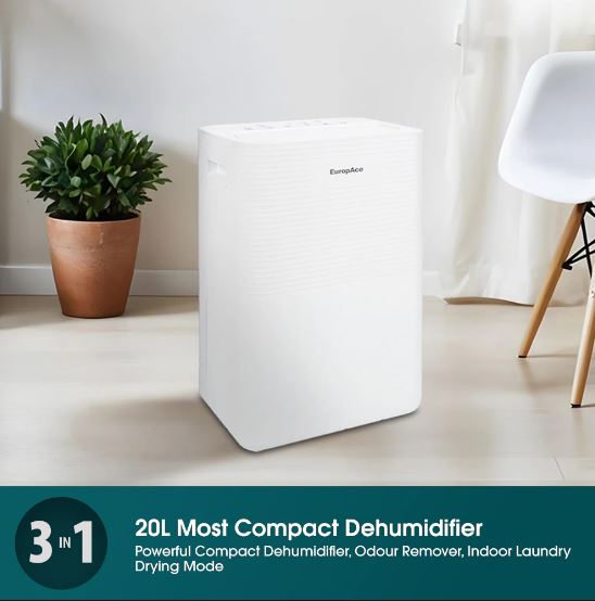 EuropAce 20L Most Compact Dehumidifier + Odour Remover + Laundry Dryer (3-in-1) | 3Y Full Warranty (EDH3200DWH) 