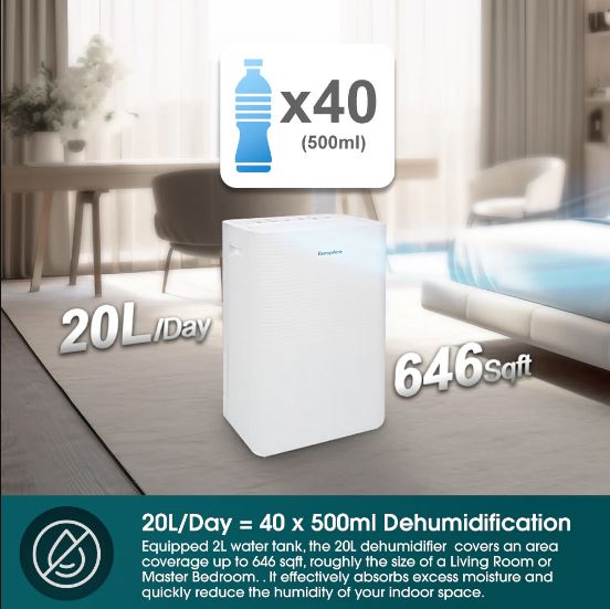 EuropAce 20L Most Compact Dehumidifier + Odour Remover + Laundry Dryer (3-in-1) | 3Y Full Warranty (EDH3200DWH) 