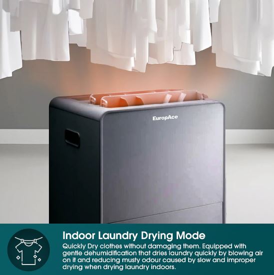 EuropAce 30L Dual Louvre Dehumidifier + Air Purifier with FREE 7" USB Portable Fan (Worth $109) (EDH6300DGY + FREE EUF3753DGY) 