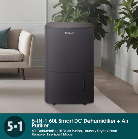 EuropAce 60L Smart & Intelligent DC Dehumidifier + Standalone HEPA Air Purifier | 3Y Full Warranty (EDH9600DGY)