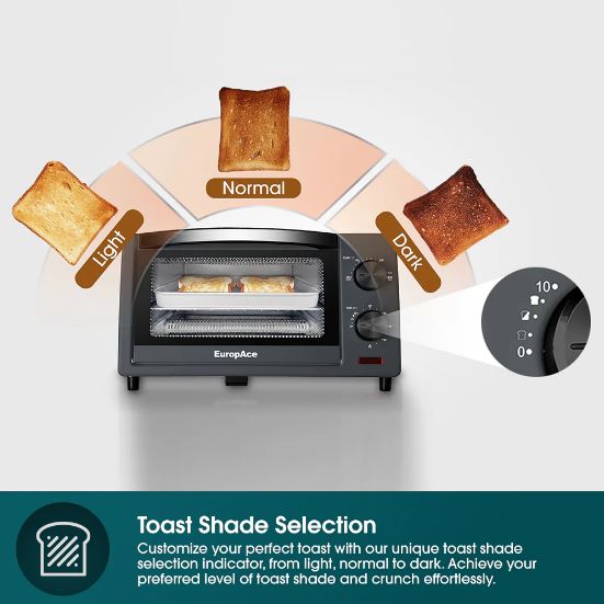 EuropAce 10L Compact Toaster Oven with Toast Shade Selection (ETO2103DGY) 