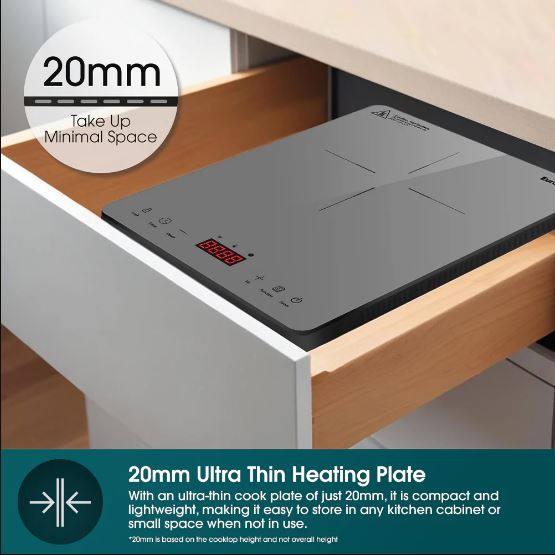 EuropAce 10L 2000W Slim Portable Induction Cooker | Full Crystal Glass Cooktop for High Durability and Heat Resistance | Perfect for Daily Cooking (EIC7201DGY) 