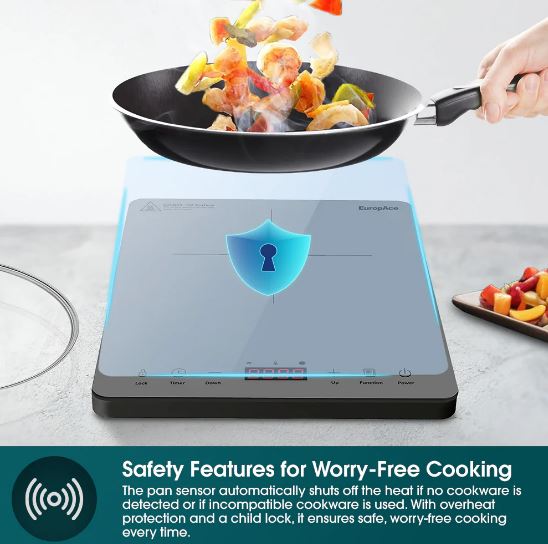 EuropAce 10L 2000W Slim Portable Induction Cooker | Full Crystal Glass Cooktop for High Durability and Heat Resistance | Perfect for Daily Cooking (EIC7201DGY) 