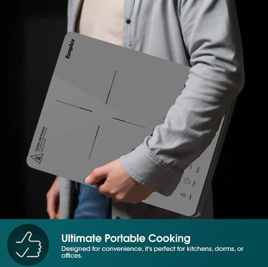 EuropAce 10L 2000W Slim Portable Induction Cooker | Full Crystal Glass Cooktop for High Durability and Heat Resistance | Perfect for Daily Cooking (EIC7201DGY) 