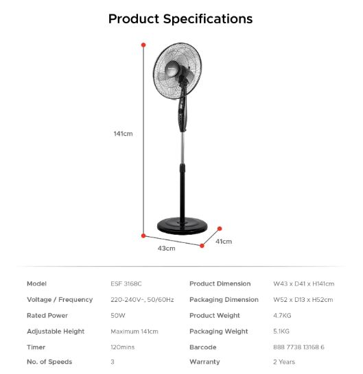 EuropAce 16” Manual Stand Fan (ESF3168C)