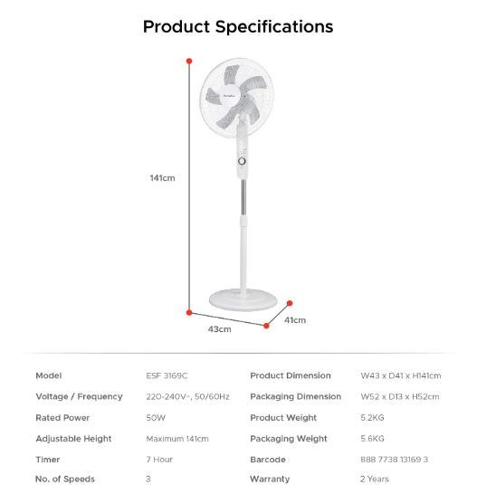 EuropAce 16” Stand Fan With Remote Control (ESF3169C)