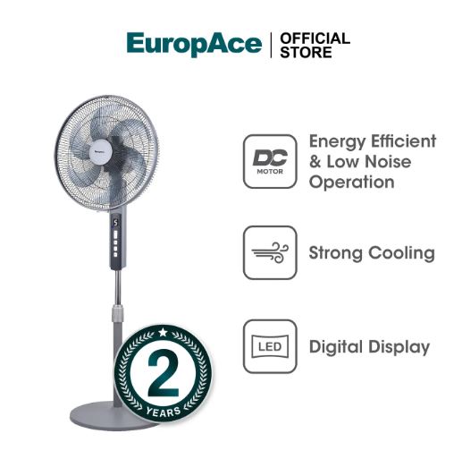 EuropAce 16” Deluxe DC Stand Fan with Remote | DC Motor, Strong Cooling, Digital Display and Remote Control (ESF8166EDCR)