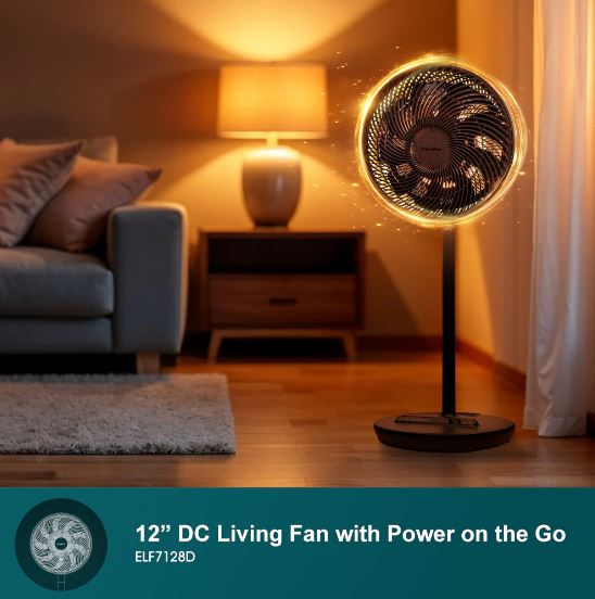 EuropAce 12” Portable DC High Velocity Fan w Ambient Light | Power on the Go (Power Bank Compatible), 3D Oscillation, Easy Clean (ELF7128DWD)