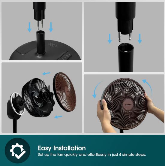 EuropAce 12” Portable DC High Velocity Fan w Ambient Light | Power on the Go (Power Bank Compatible), 3D Oscillation, Easy Clean (ELF7128DWD)