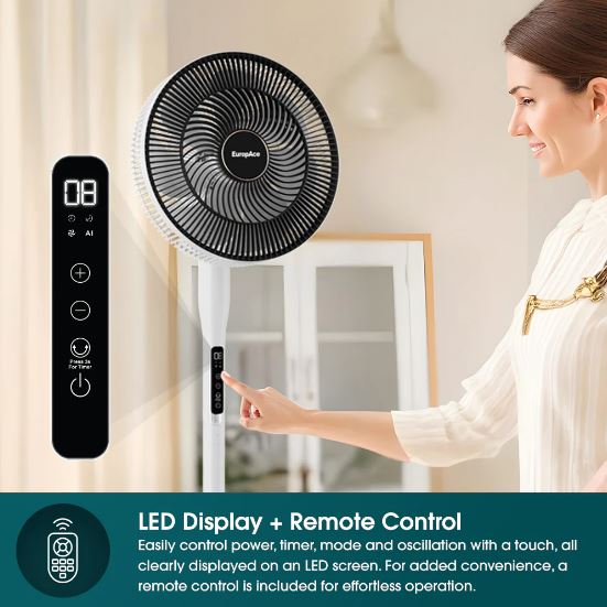 EuropAce 14” Whispr DC High Velocity Fan | Voice Control, Aerospace Inspired Blades for Powerful Airflow, Easy Cleaning (ELF7147DWH)