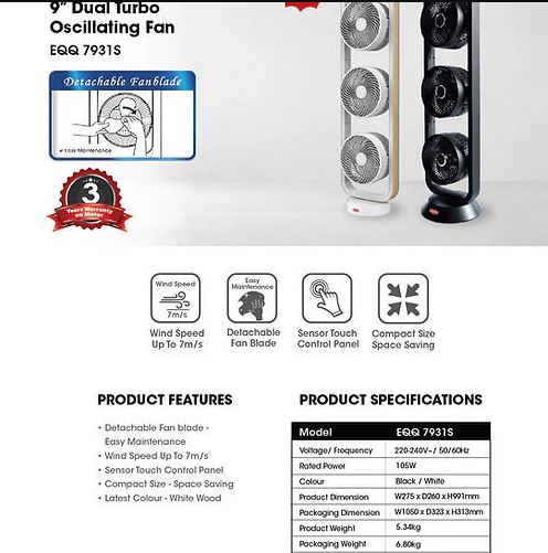 EuropAce 9” Trio Turbo Oscillating Fan (EQQ7931WH) 