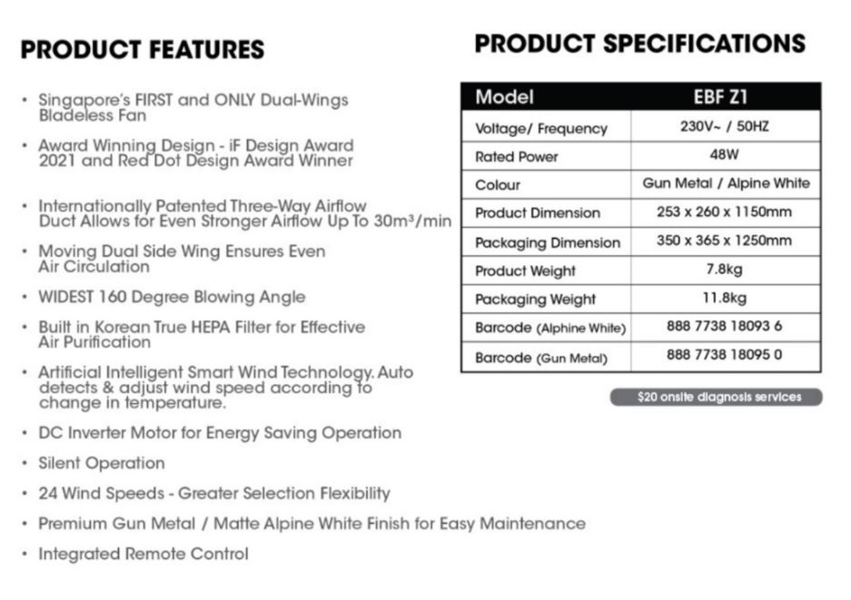 EuropAce Intelligent Dual Wings Air Purifying Bladeless Fan | Dual Korean True HEPA FILTER, AI Smart Wind, Patented 3-Way Airflow (Triple Airflow) with FREE Tower Fan (Worth $179) (EBFZ1GM + ETF1102DMG) 