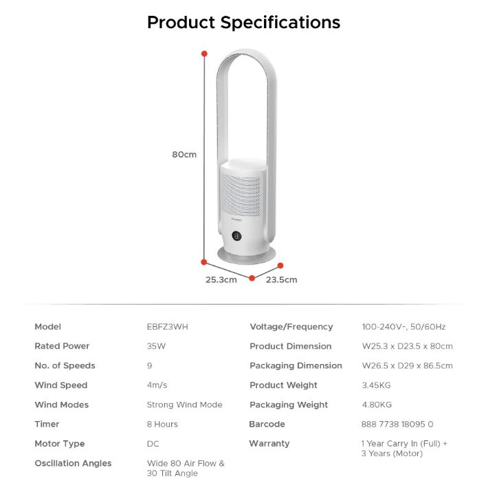 EuropAce Tilt Bladeless Purifying (no wifi, no UV, H13) (EBFZ3DWH) 