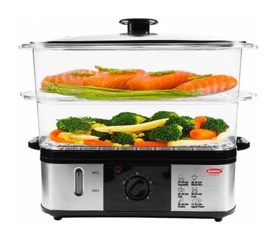 EuropAce 12L Food Steamer | 2 Layer stackable steam-tray & 1.8L Water Tank (EFS 2121W)