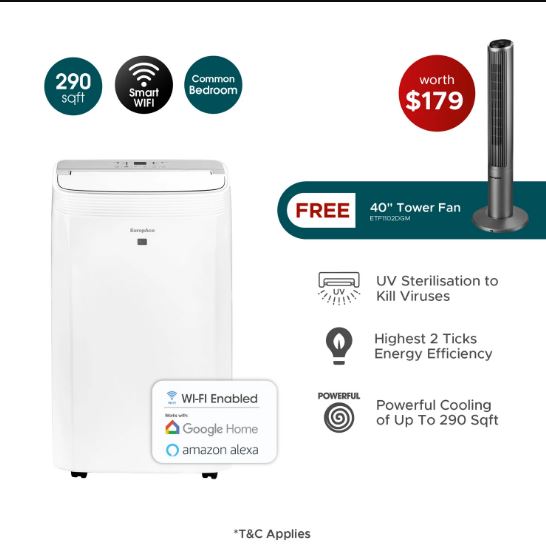 EuropAce [2025 Model] 12,000 BTU 4-IN-1 Smart Air Purifying Green Portable Aircon | 290sqft, 99.97% Airborne Particles Removal, Smart WiFi with FREE Tower Fan (Worth $179)(EGAC12E8UV + ETF1102DMG) 