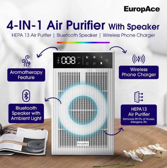 EuropAce PLAY Series Air Purifier (4-IN-1) | Bluetooth Speaker, Wireless Phone Charger, AromaTherapy Feature (EPU3320CWH) White