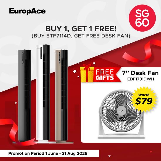 EuropAce 44" DC Tower Fan with Air Sterilizer | 99.99% Bacteria & Virus Sterilization with FREE Desk Fan (Worth $79) (ETF7114D + EDF1731DWH)