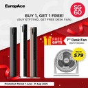 EuropAce 44" DC Tower Fan with Air Sterilizer | 99.99% Bacteria & Virus Sterilization with FREE Desk Fan (Worth $79) (ETF7114D + EDF1731DWH)