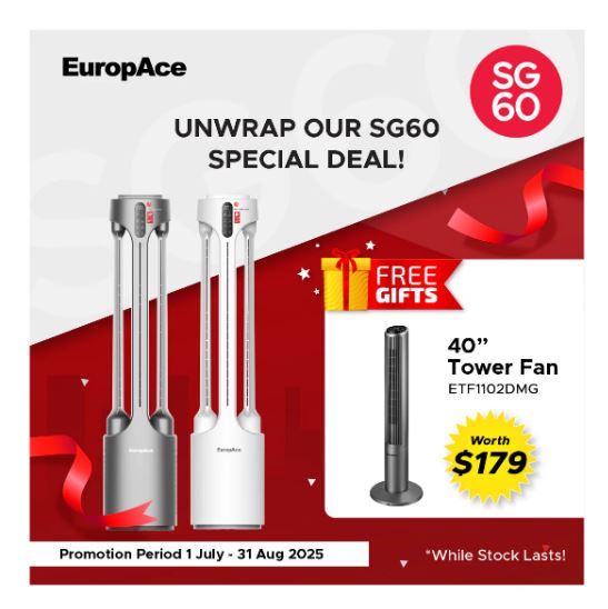 EuropAce Intelligent Dual Wings Air Purifying Bladeless Fan | Dual Korean True HEPA FILTER, AI Smart Wind, Patented 3-Way Airflow (Triple Airflow) with FREE Tower Fan (Worth $179) (EBFZ1GM + ETF1102DMG) 