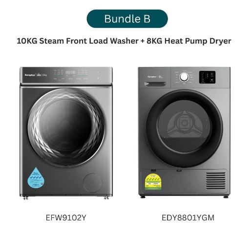 Bundle B (EFW9102Y + EDY8900EGM) EuropAce 10KG 4 Ticks Steam Front Load Washer + EuropAce 9KG 5 Ticks Heat Pump Dryer