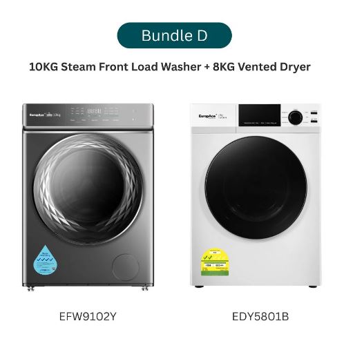 Bundle D (EFW9102Y + EDY5801B) EuropAce 10KG 4 Ticks Steam Front Load Washer + EuropAce 8Kg Vented Dryer