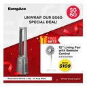 EuropAce Intelligent Air Purifying Bladeless Fan | Dual HEPA13 Filters, Real-Time Air Quality Indicator, Intelligent Temperature Control (Dual Airflow) with FREE Living Fan (Worth $109) (Worth $179) (EBFZ10GM + ELF3124DWH)